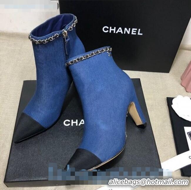 Top Quality Chanel Denim Chain High-Heel Ankle Boots C80831 Blue 2020 