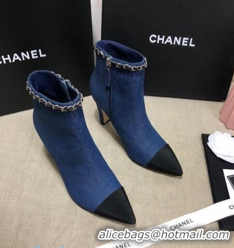 Top Quality Chanel Denim Chain High-Heel Ankle Boots C80831 Blue 2020 