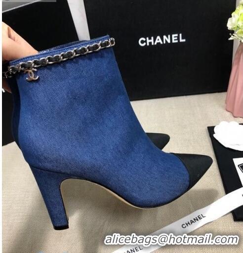 Top Quality Chanel Denim Chain High-Heel Ankle Boots C80831 Blue 2020 