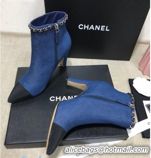 Top Quality Chanel Denim Chain High-Heel Ankle Boots C80831 Blue 2020 