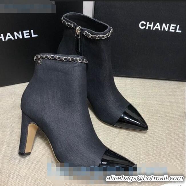 Popular Chanel Denim Chain High-Heel Ankle Boots C80831 Black 2020