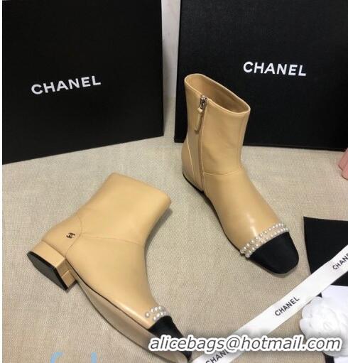 Best Design Chanel Lambskin Pearl Charm Ankle Boots C80833 Beige 2020