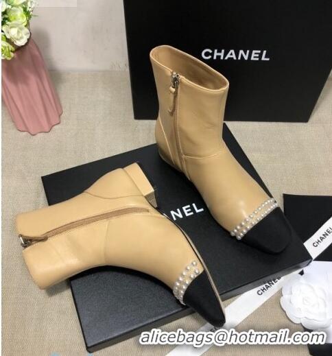 Best Design Chanel Lambskin Pearl Charm Ankle Boots C80833 Beige 2020