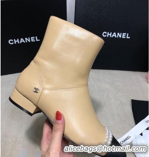 Best Design Chanel Lambskin Pearl Charm Ankle Boots C80833 Beige 2020