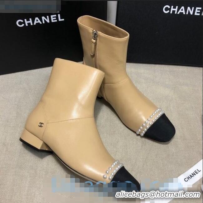 Best Design Chanel Lambskin Pearl Charm Ankle Boots C80833 Beige 2020