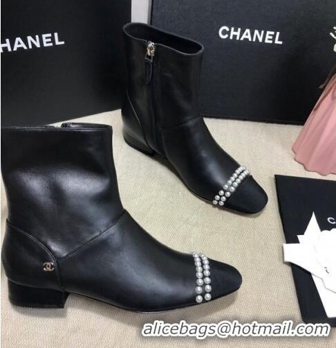 New Design Chanel Lambskin Pearl Charm Ankle Boots C80834 Black 2020