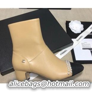 Top Grade  Chanel Lambskin Pearl Ankle Boots 50mm Heel C80835 Beige 2020