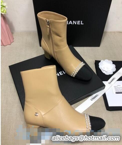 Top Grade  Chanel Lambskin Pearl Ankle Boots 50mm Heel C80835 Beige 2020