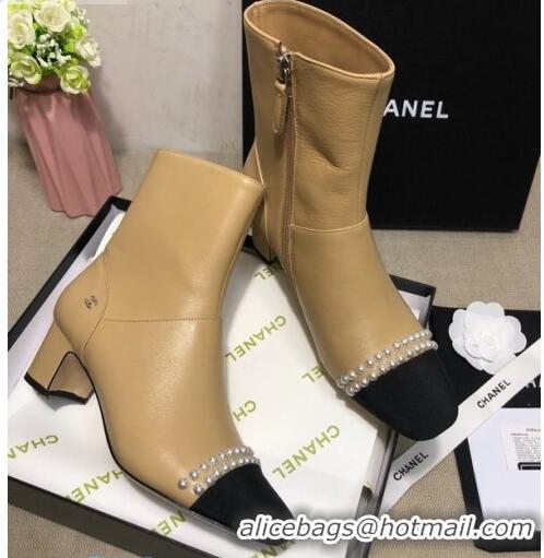 Top Grade  Chanel Lambskin Pearl Ankle Boots 50mm Heel C80835 Beige 2020