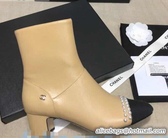 Top Grade  Chanel Lambskin Pearl Ankle Boots 50mm Heel C80835 Beige 2020