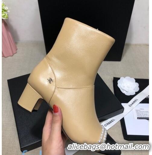 Top Grade  Chanel Lambskin Pearl Ankle Boots 50mm Heel C80835 Beige 2020