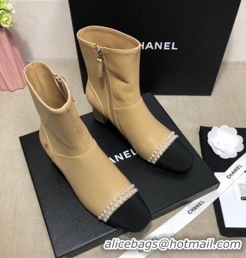 Top Grade  Chanel Lambskin Pearl Ankle Boots 50mm Heel C80835 Beige 2020