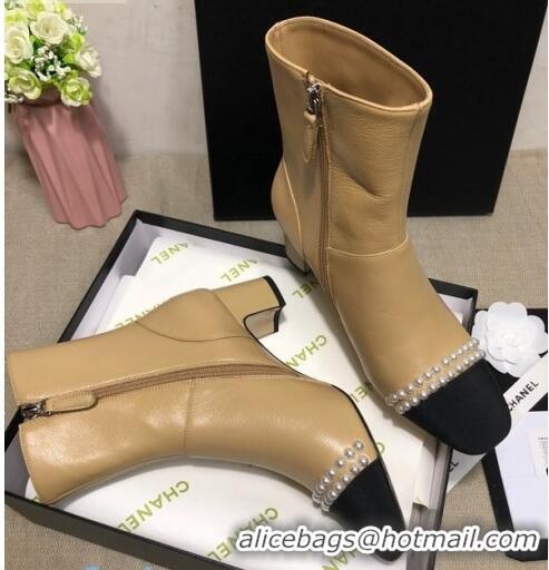 Top Grade  Chanel Lambskin Pearl Ankle Boots 50mm Heel C80835 Beige 2020