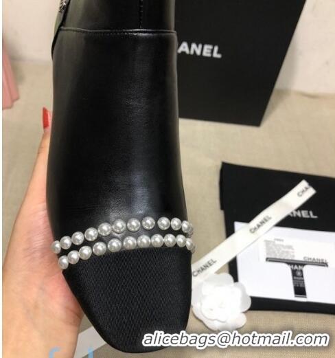 Low Price Chanel Lambskin Pearl Ankle Boots 50mm Heel C80835 Black 2020