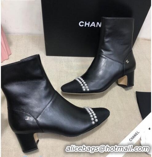 Low Price Chanel Lambskin Pearl Ankle Boots 50mm Heel C80835 Black 2020