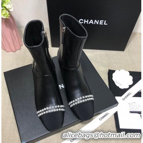 Low Price Chanel Lambskin Pearl Ankle Boots 50mm Heel C80835 Black 2020