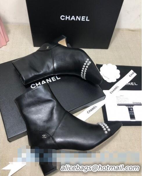 Low Price Chanel Lambskin Pearl Ankle Boots 50mm Heel C80835 Black 2020