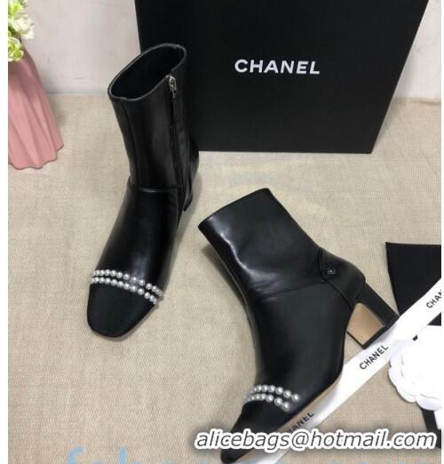 Low Price Chanel Lambskin Pearl Ankle Boots 50mm Heel C80835 Black 2020