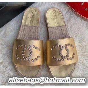 Super Quality Chanel Lambskin Leather Crystal CC Slider Espadrilles Sandals C81562 Gold 2020