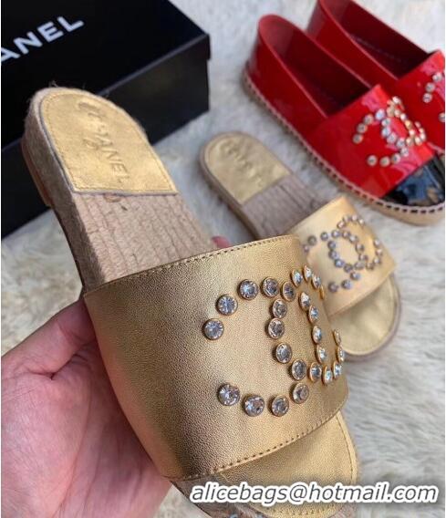 Super Quality Chanel Lambskin Leather Crystal CC Slider Espadrilles Sandals C81562 Gold 2020