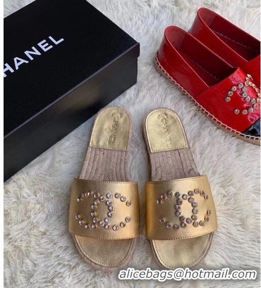 Super Quality Chanel Lambskin Leather Crystal CC Slider Espadrilles Sandals C81562 Gold 2020