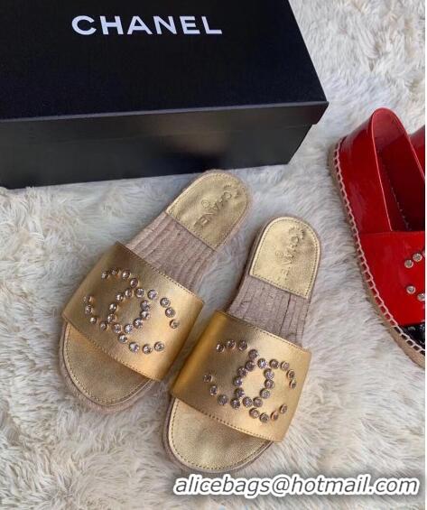 Super Quality Chanel Lambskin Leather Crystal CC Slider Espadrilles Sandals C81562 Gold 2020