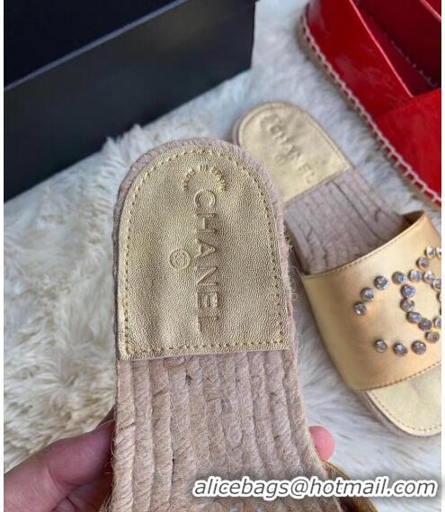 Super Quality Chanel Lambskin Leather Crystal CC Slider Espadrilles Sandals C81562 Gold 2020