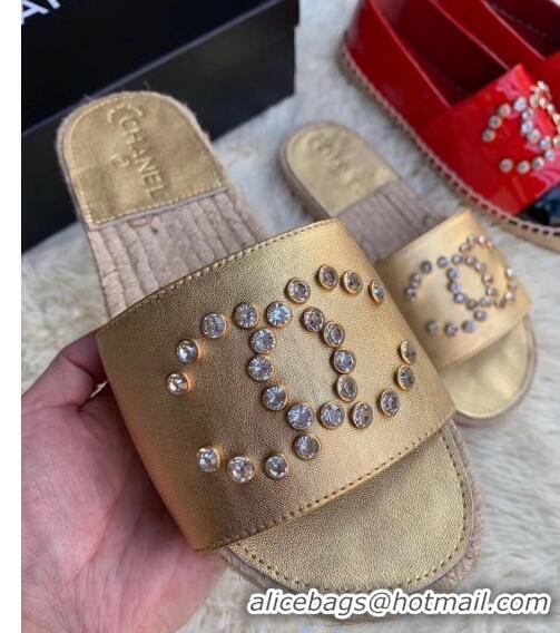 Super Quality Chanel Lambskin Leather Crystal CC Slider Espadrilles Sandals C81562 Gold 2020