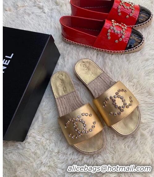 Super Quality Chanel Lambskin Leather Crystal CC Slider Espadrilles Sandals C81562 Gold 2020