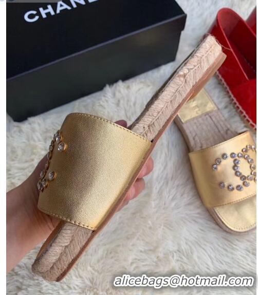 Super Quality Chanel Lambskin Leather Crystal CC Slider Espadrilles Sandals C81562 Gold 2020