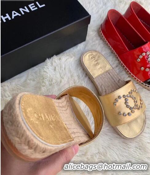 Super Quality Chanel Lambskin Leather Crystal CC Slider Espadrilles Sandals C81562 Gold 2020