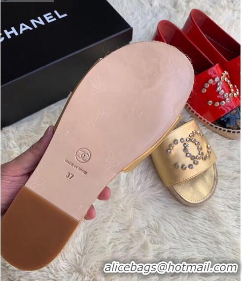 Super Quality Chanel Lambskin Leather Crystal CC Slider Espadrilles Sandals C81562 Gold 2020