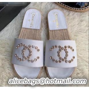 Duplicate Chanel Leather Crystal CC Slider Espadrilles Sandals C81562 White 2020