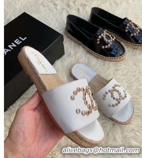 Duplicate Chanel Leather Crystal CC Slider Espadrilles Sandals C81562 White 2020