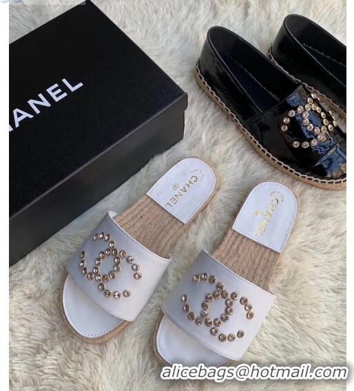 Duplicate Chanel Leather Crystal CC Slider Espadrilles Sandals C81562 White 2020