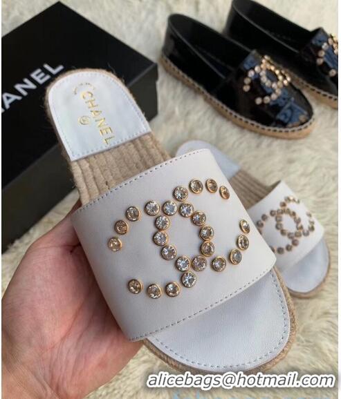 Duplicate Chanel Leather Crystal CC Slider Espadrilles Sandals C81562 White 2020