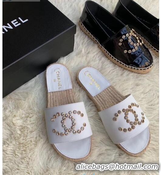 Duplicate Chanel Leather Crystal CC Slider Espadrilles Sandals C81562 White 2020