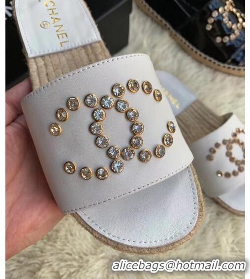 Duplicate Chanel Leather Crystal CC Slider Espadrilles Sandals C81562 White 2020