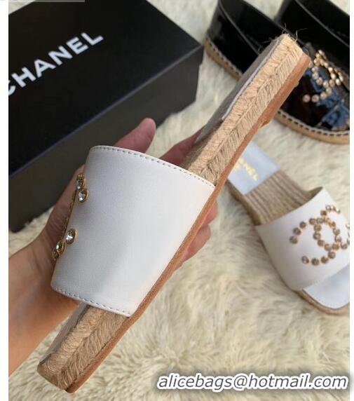 Duplicate Chanel Leather Crystal CC Slider Espadrilles Sandals C81562 White 2020