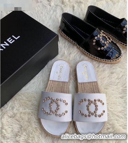 Duplicate Chanel Leather Crystal CC Slider Espadrilles Sandals C81562 White 2020