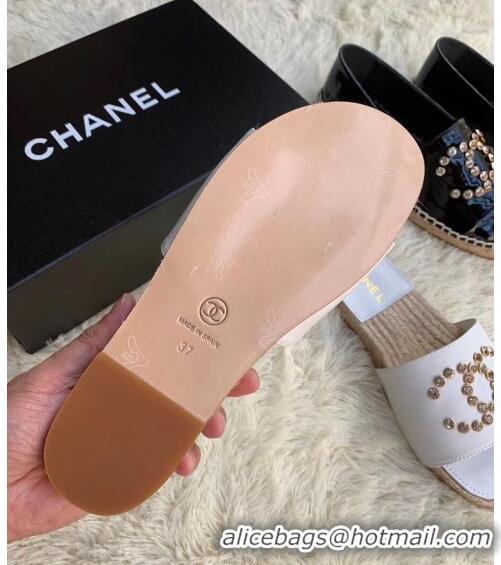 Duplicate Chanel Leather Crystal CC Slider Espadrilles Sandals C81562 White 2020