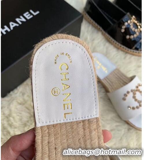 Duplicate Chanel Leather Crystal CC Slider Espadrilles Sandals C81562 White 2020