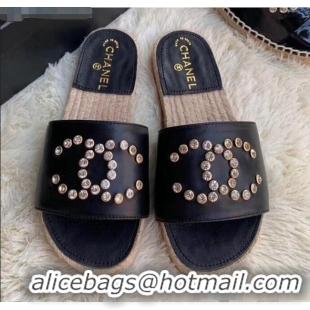 Best Price Chanel Leather Crystal CC Slider Espadrilles Sandals C81562 Black 2020