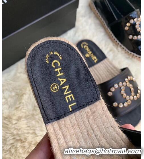 Best Price Chanel Leather Crystal CC Slider Espadrilles Sandals C81562 Black 2020