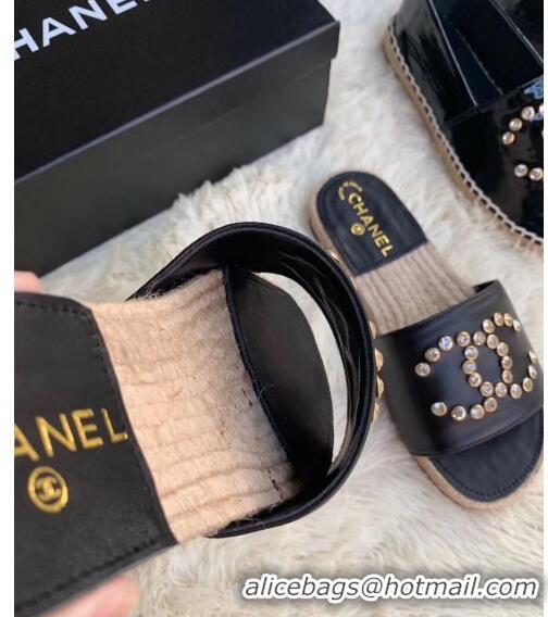 Best Price Chanel Leather Crystal CC Slider Espadrilles Sandals C81562 Black 2020