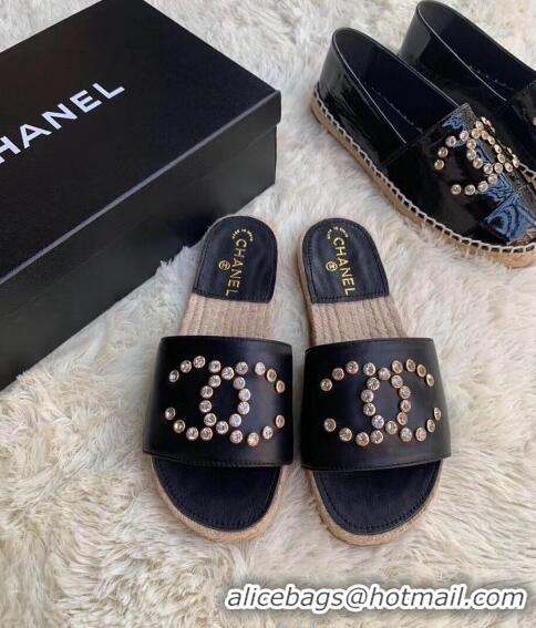 Best Price Chanel Leather Crystal CC Slider Espadrilles Sandals C81562 Black 2020