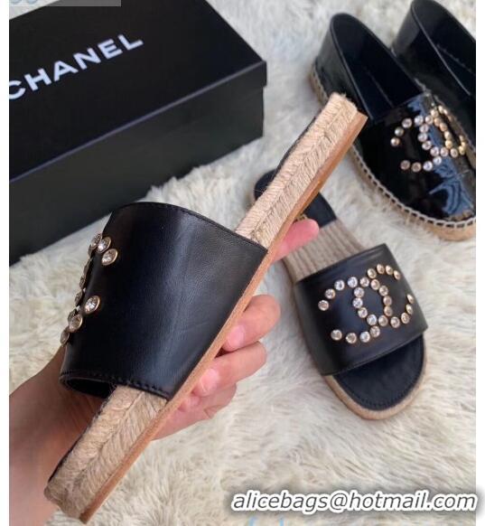 Best Price Chanel Leather Crystal CC Slider Espadrilles Sandals C81562 Black 2020