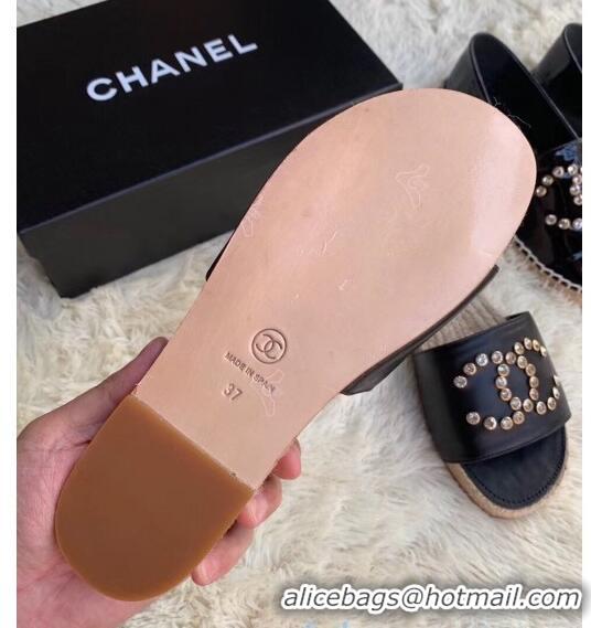 Best Price Chanel Leather Crystal CC Slider Espadrilles Sandals C81562 Black 2020