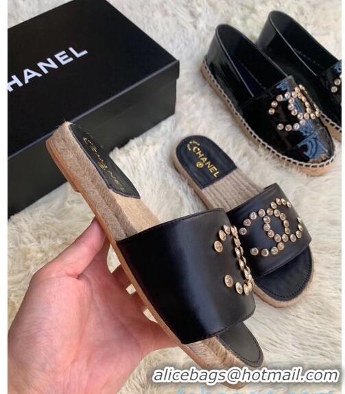 Best Price Chanel Leather Crystal CC Slider Espadrilles Sandals C81562 Black 2020