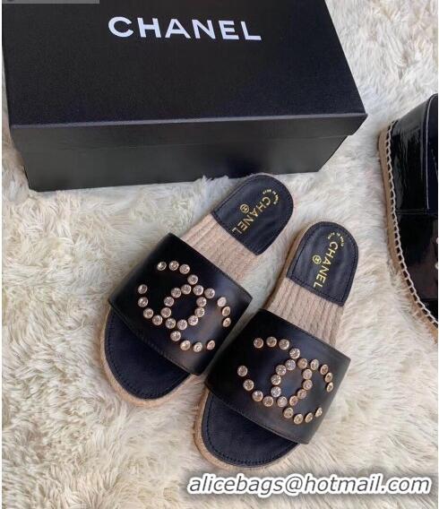 Best Price Chanel Leather Crystal CC Slider Espadrilles Sandals C81562 Black 2020